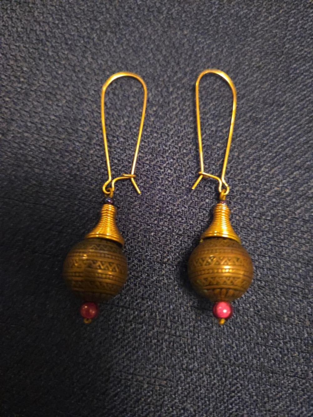 Vintage Artisan Brass Tone Bead Earrings Long Kidney Wire Boho Tribal Style